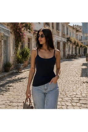 Slim Fit Dar Kesim İnce Askılı U Yaka Yumuşak Dokulu Basic Kadın Body Atlet 22001 LACİVERT