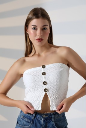 Slim Fit Dar Kesim Jakarlı Viyana Önü 4 Düğmeli Kadın Straplez Crop Atlet 22057 EKRU