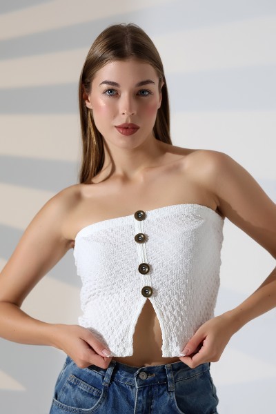 Slim Fit Dar Kesim Jakarlı Viyana Önü 4 Düğmeli Kadın Straplez Crop Atlet 22057 EKRU