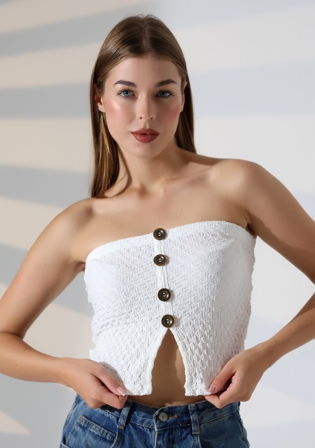 Slim Fit Dar Kesim Jakarlı Viyana Önü 4 Düğmeli Kadın Straplez Crop Atlet 22057 EKRU