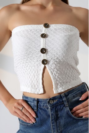 Slim Fit Dar Kesim Jakarlı Viyana Önü 4 Düğmeli Kadın Straplez Crop Atlet 22057 EKRU