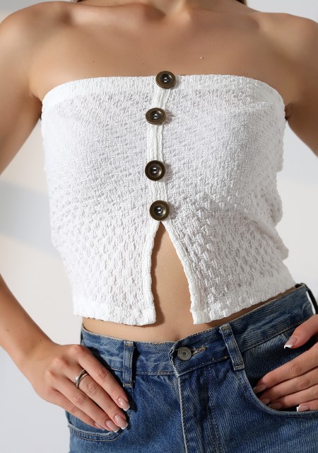 Slim Fit Dar Kesim Jakarlı Viyana Önü 4 Düğmeli Kadın Straplez Crop Atlet 22057 EKRU