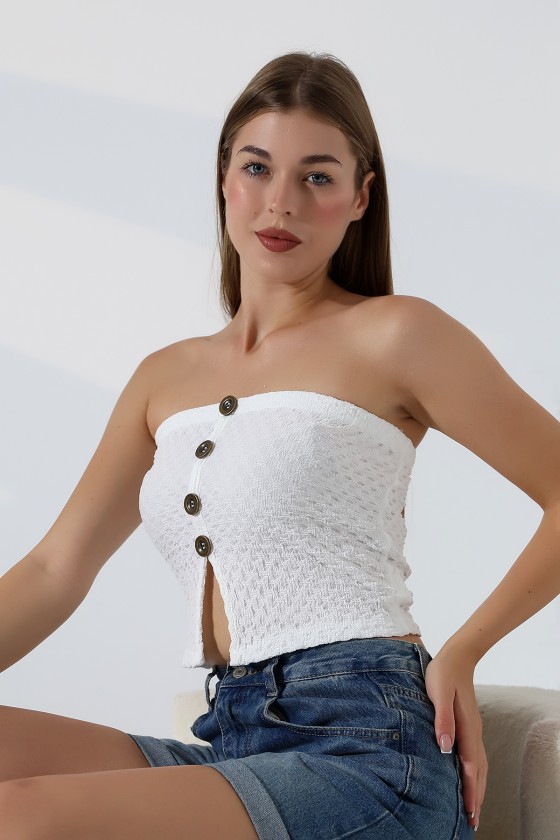 Slim Fit Dar Kesim Jakarlı Viyana Önü 4 Düğmeli Kadın Straplez Crop Atlet 22057 EKRU