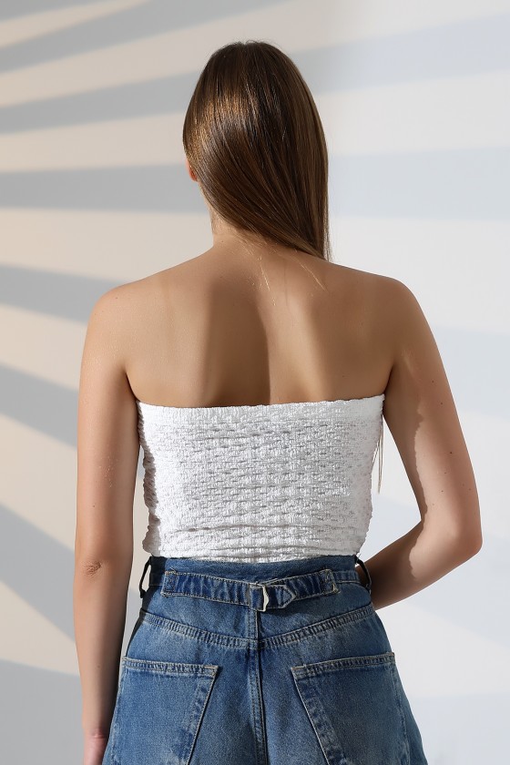 Slim Fit Dar Kesim Jakarlı Viyana Önü 4 Düğmeli Kadın Straplez Crop Atlet 22057 EKRU