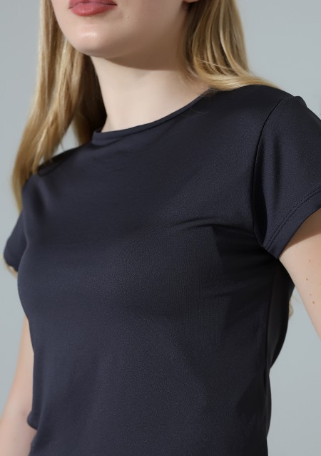 Soft Touch Bisiklet Yaka Kısa Kollu Crop Kesim Basic Düz Kadın T-Shirt 21974 FÜME