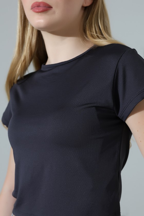 Soft Touch Bisiklet Yaka Kısa Kollu Crop Kesim Basic Düz Kadın T-Shirt 21974 FÜME