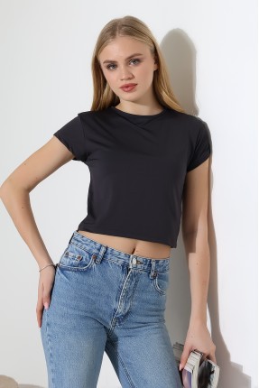 Soft Touch Bisiklet Yaka Kısa Kollu Crop Kesim Basic Düz Kadın T-Shirt 21974 FÜME