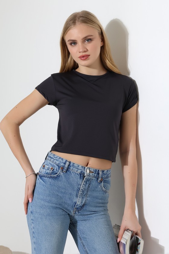 Soft Touch Bisiklet Yaka Kısa Kollu Crop Kesim Basic Düz Kadın T-Shirt 21974 FÜME