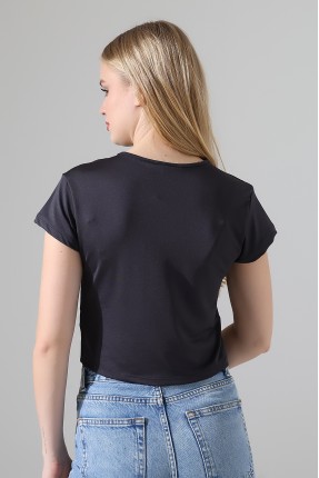 Soft Touch Bisiklet Yaka Kısa Kollu Crop Kesim Basic Düz Kadın T-Shirt 21974 FÜME