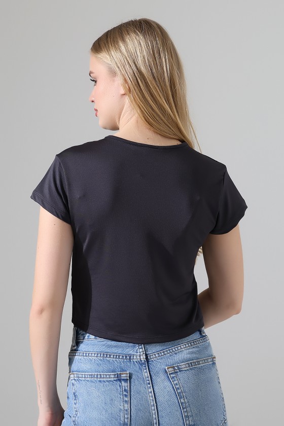 Soft Touch Bisiklet Yaka Kısa Kollu Crop Kesim Basic Düz Kadın T-Shirt 21974 FÜME