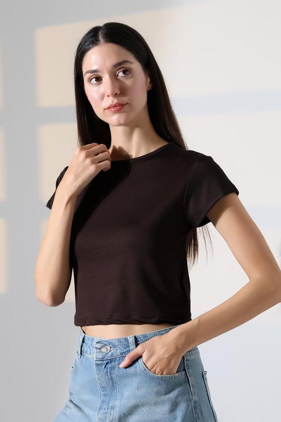 Soft Touch Bisiklet Yaka Kısa Kollu Crop Kesim Basic Düz Kadın T-Shirt 21974 KAHVE