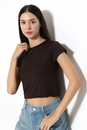 Soft Touch Bisiklet Yaka Kısa Kollu Crop Kesim Basic Düz Kadın T-Shirt 21974 KAHVE