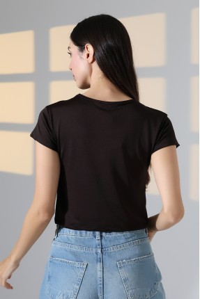 Soft Touch Bisiklet Yaka Kısa Kollu Crop Kesim Basic Düz Kadın T-Shirt 21974 KAHVE