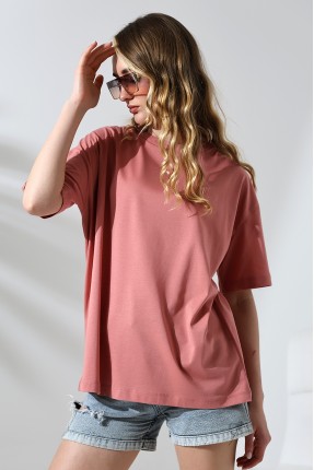 Oversize Bisiklet Yaka %100 Pamuk Penye Kompakt Basic T-Shirt 21752 SOĞAN