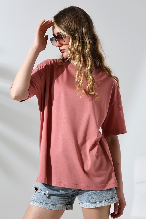 Oversize Bisiklet Yaka %100 Pamuk Penye Kompakt Basic T-Shirt 21752 SOĞAN