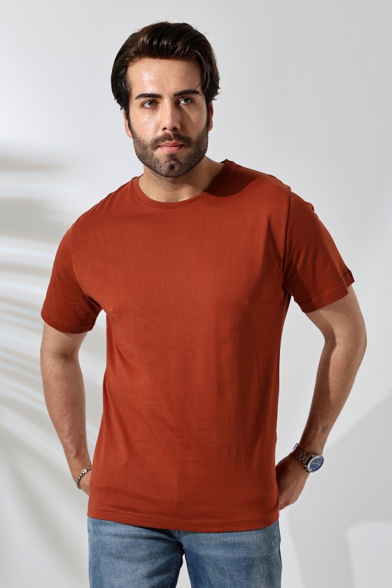 Erkek %100 Pamuklu Penye Kompakt Bisiklet Yaka Comfort Fit Basic T-Shirt 21751 TABA