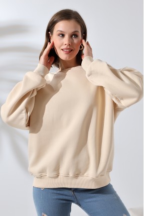 Şardonlu Omuz Detaylı Bisiklet Yaka Oversize Sweatshirt 21616 TAŞ