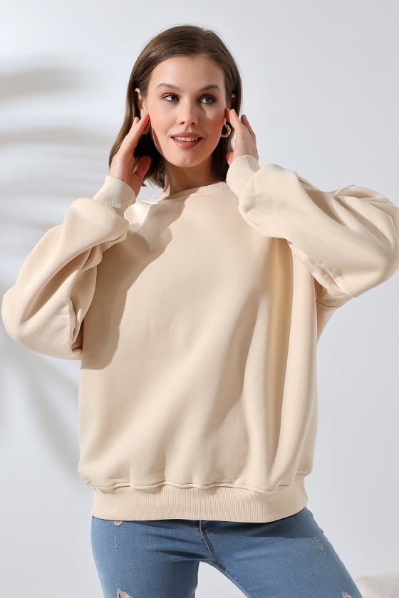 Şardonlu Omuz Detaylı Bisiklet Yaka Oversize Sweatshirt 21616 TAŞ