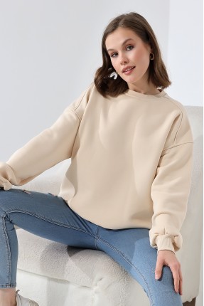 Şardonlu Omuz Detaylı Bisiklet Yaka Oversize Sweatshirt 21616 TAŞ