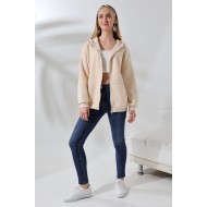 Şardonlu Fermuarlı Kapüşonlu Oversize Sweatshirt 21618 TAŞ