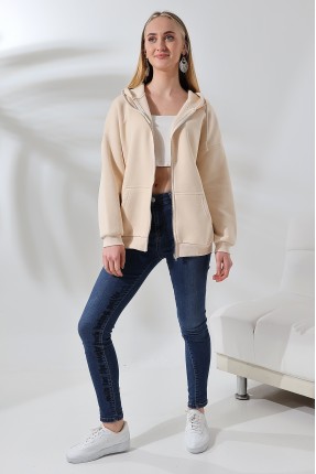 Şardonlu Fermuarlı Kapüşonlu Oversize Sweatshirt 21618 TAŞ