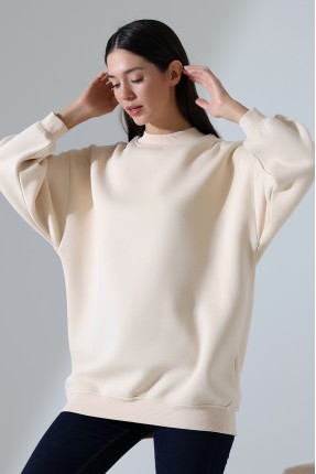 Yarım Balıkçı Yaka Şardonlu Salaş Basic Kadın Oversize Tunik Sweatshirt 21910 TAŞ