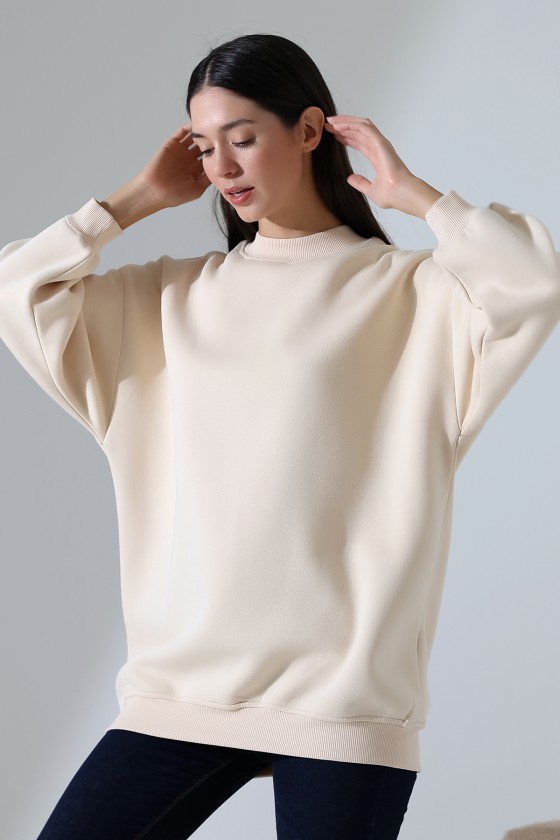 Yarım Balıkçı Yaka Şardonlu Salaş Basic Kadın Oversize Tunik Sweatshirt 21910 TAŞ
