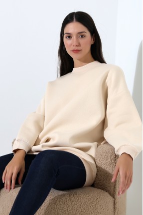 Yarım Balıkçı Yaka Şardonlu Salaş Basic Kadın Oversize Tunik Sweatshirt 21910 TAŞ
