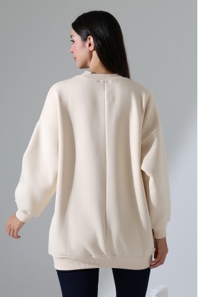 Yarım Balıkçı Yaka Şardonlu Salaş Basic Kadın Oversize Tunik Sweatshirt 21910 TAŞ