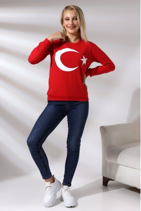 Türk Bayrak Baskılı Sweatshirt 19158 KIRMIZI