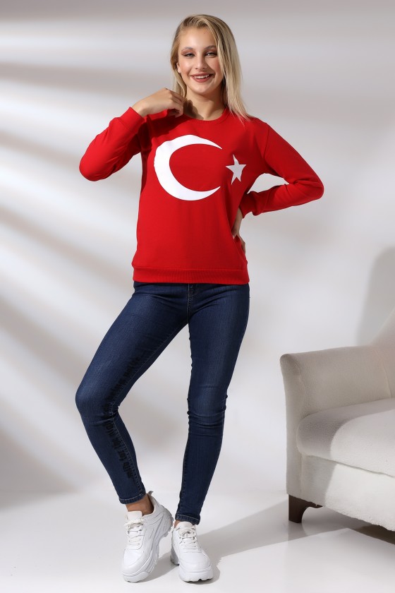 Türk Bayrak Baskılı Sweatshirt 19158 KIRMIZI