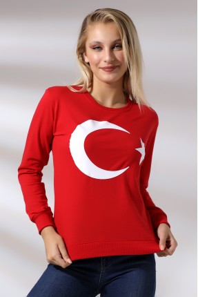 Türk Bayrak Baskılı Sweatshirt 19158 KIRMIZI