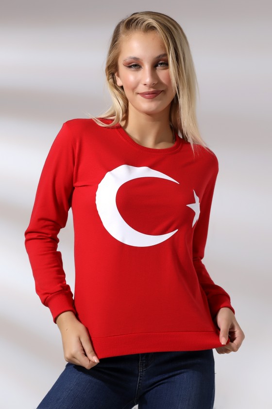 Türk Bayrak Baskılı Sweatshirt 19158 KIRMIZI