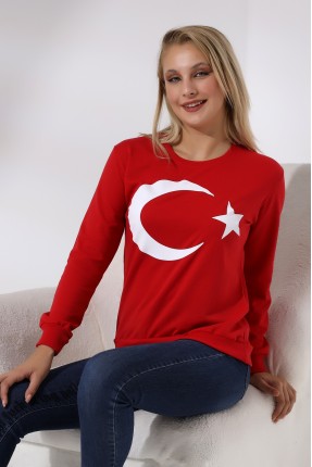 Türk Bayrak Baskılı Sweatshirt 19158 KIRMIZI