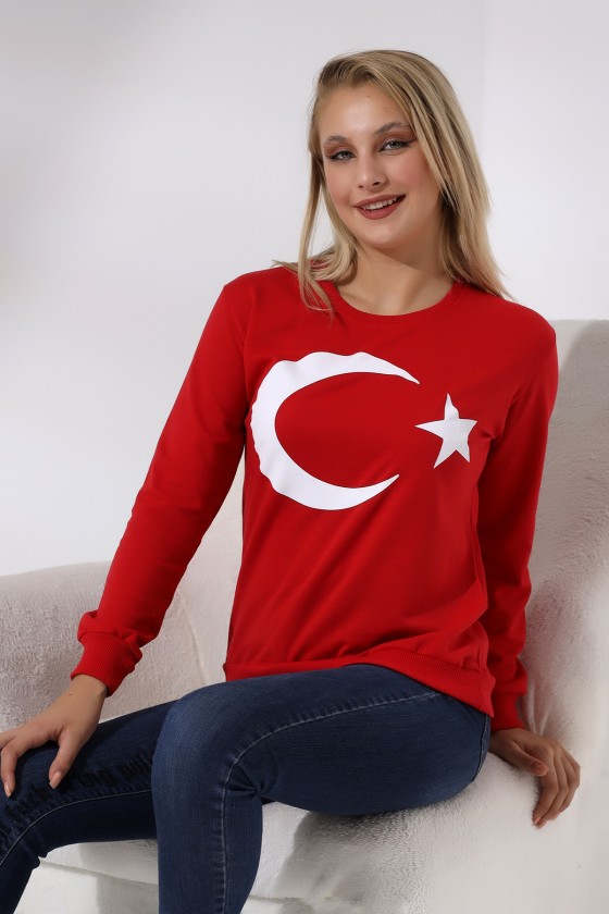 Türk Bayrak Baskılı Sweatshirt 19158 KIRMIZI