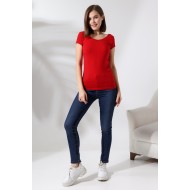 U Yaka Kısa Kol Penye Kompakt Likralı Basic T-Shirt 20511 KIRMIZI