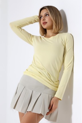 Uzun Kol Bisiklet Yaka Penye Kompakt Body 19646 AÇIK SARI