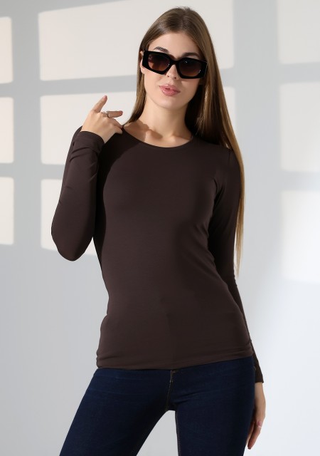 Uzun Kol Bisiklet Yaka Penye Kompakt Body 19646 KAHVE