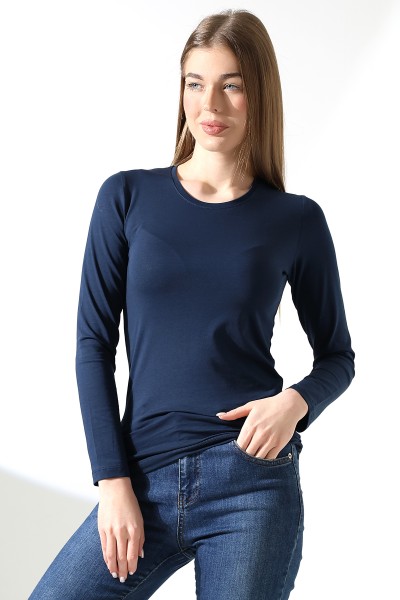 Uzun Kol Bisiklet Yaka Penye Kompakt Body 19646 LACİVERT