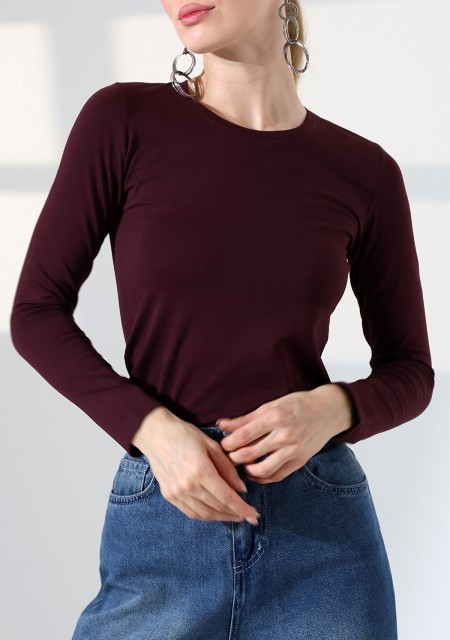 Uzun Kol Bisiklet Yaka Penye Kompakt Body 19646 MÜRDÜM
