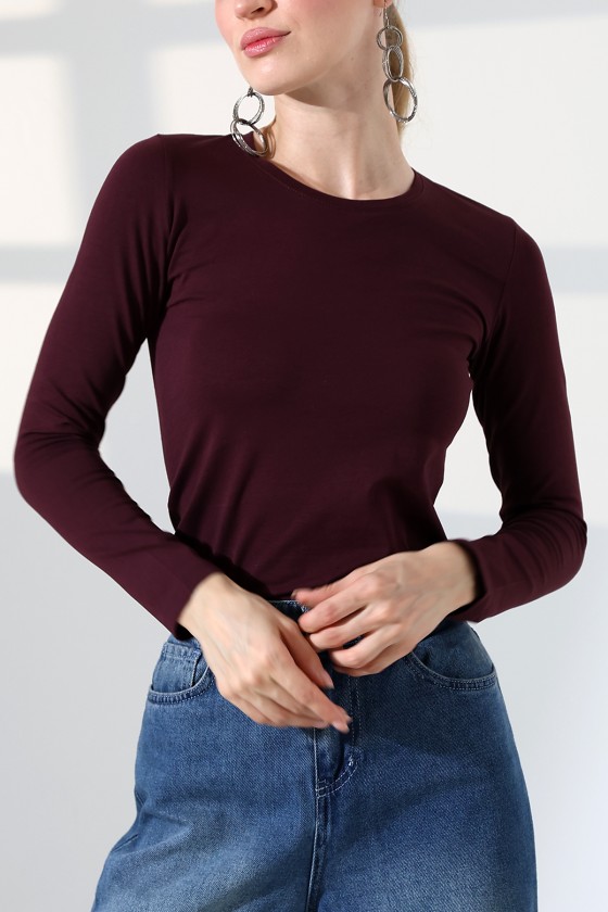 Uzun Kol Bisiklet Yaka Penye Kompakt Body 19646 MÜRDÜM