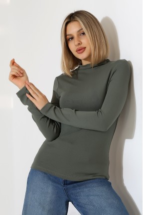 Uzun Kol Dik Yaka Basic Kadın Body T-Shirt 21950 HAKİ