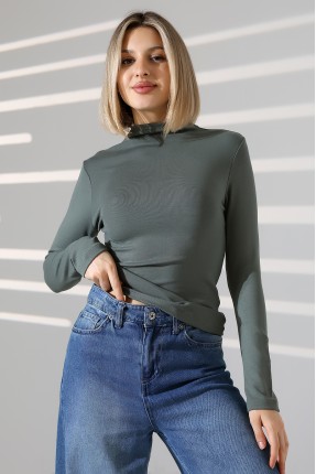 Uzun Kol Dik Yaka Basic Kadın Body T-Shirt 21950 HAKİ