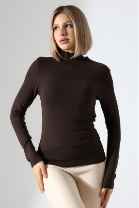 Uzun Kol Dik Yaka Basic Kadın Body T-Shirt 21950 KAHVE