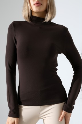 Uzun Kol Dik Yaka Basic Kadın Body T-Shirt 21950 KAHVE
