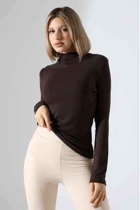 Uzun Kol Dik Yaka Basic Kadın Body T-Shirt 21950 KAHVE
