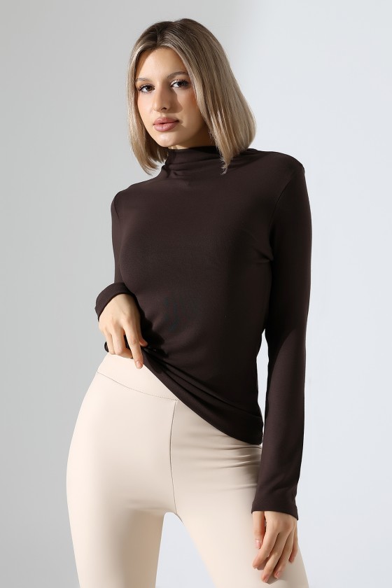 Uzun Kol Dik Yaka Basic Kadın Body T-Shirt 21950 KAHVE