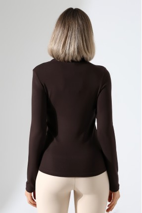 Uzun Kol Dik Yaka Basic Kadın Body T-Shirt 21950 KAHVE