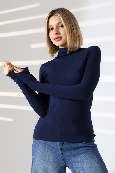 Uzun Kol Dik Yaka Basic Kadın Body T-Shirt 21950 LACİVERT