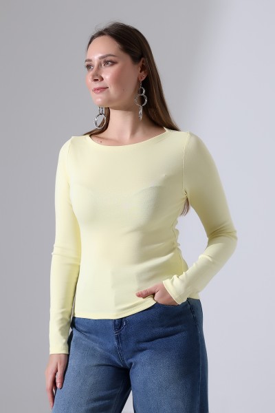 Uzun Kollu Kayık Yaka Vücudu Saran Basic Kadın Body T-Shirt 21897 AÇIK SARI